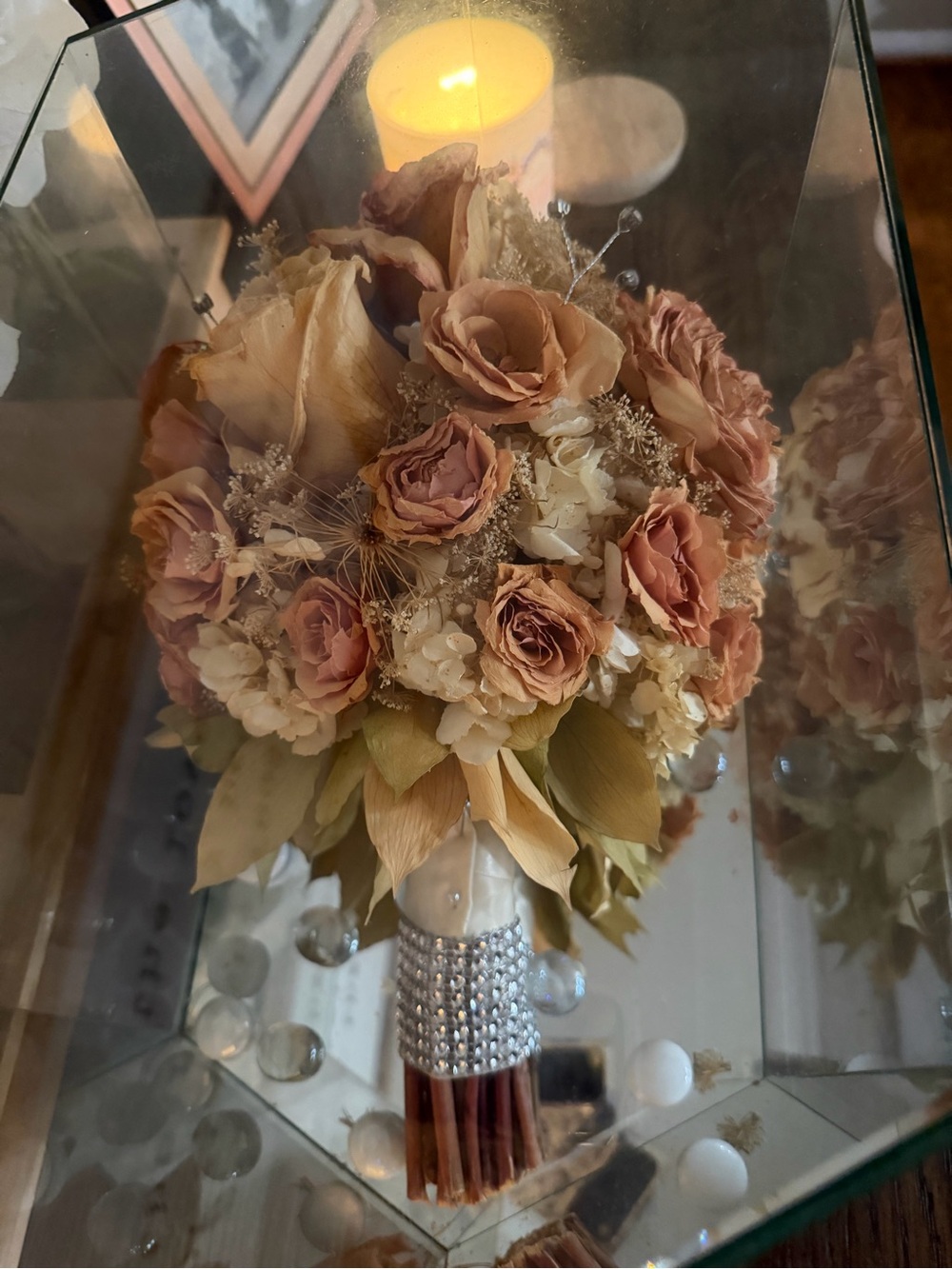 Vintage Handmade Elegant Dried Rose Bouquet with Rhinestone Wrap-Cream and Blush